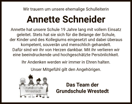 Todesanzeige von Annette Schneider von UEL