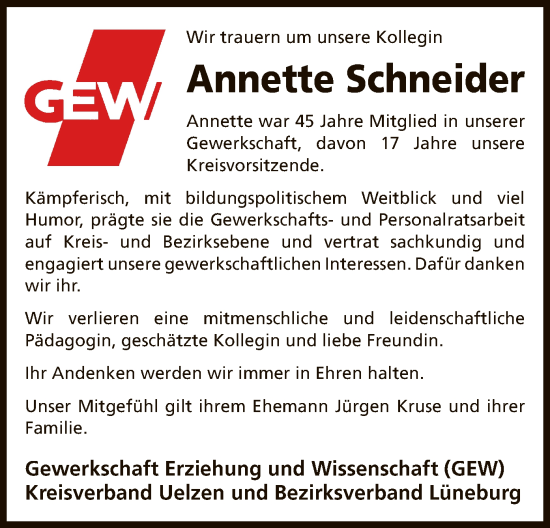 Todesanzeige von Annette Schneider von UEL