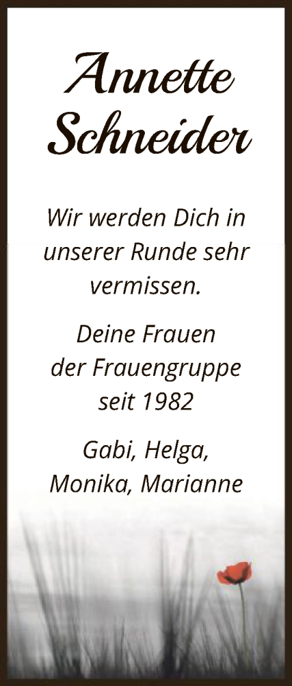 Todesanzeige von Annette Schneider von UEL