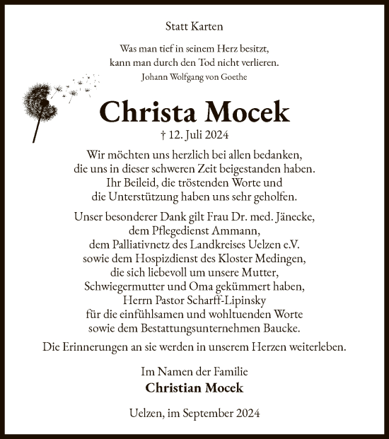 Todesanzeige von Christa Mocek von UEL