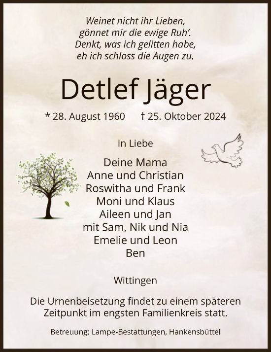 Todesanzeige von Detlef Jäger von UEL