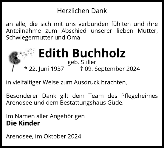 Todesanzeige von Edith Buchholz von UEL