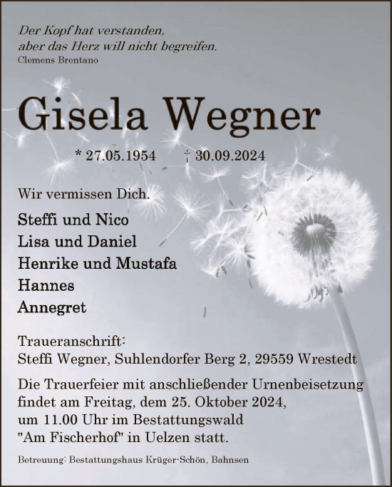 Todesanzeige von Gisela Wegner von UEL