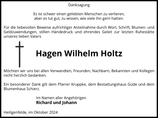 Todesanzeige von Hagen Wilhelm Holtz von UEL