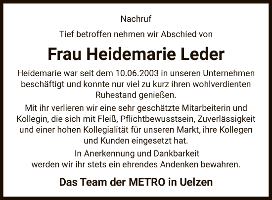 Todesanzeige von Heidemarie Leder von UEL