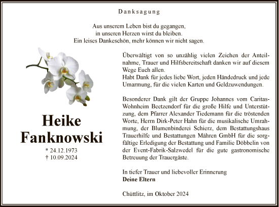 Todesanzeige von Heike Fanknowski von UEL