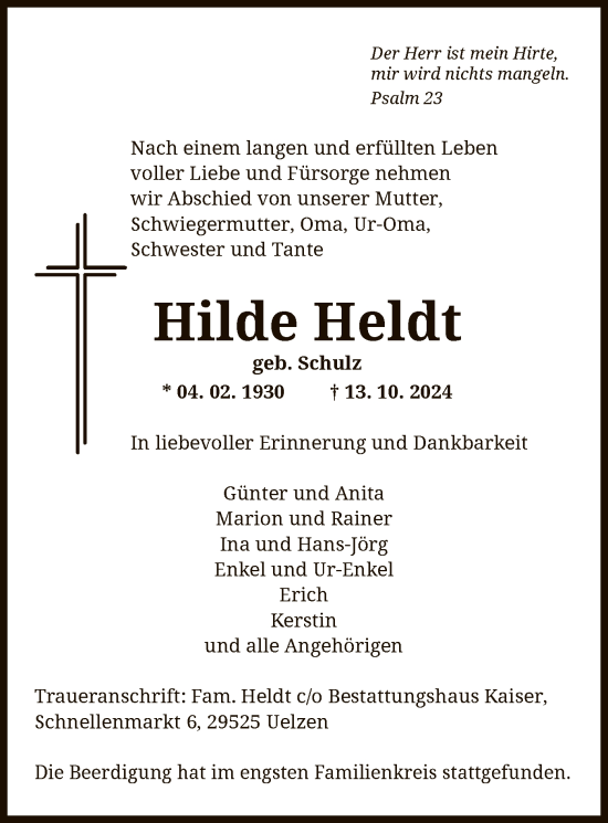 Todesanzeige von Hilde Heldt von UEL