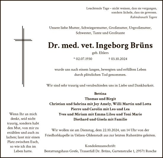 Todesanzeige von Ingeborg Brüns von UEL