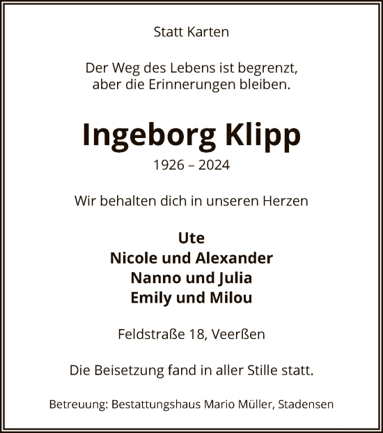 Todesanzeige von Ingeborg Klipp von UEL