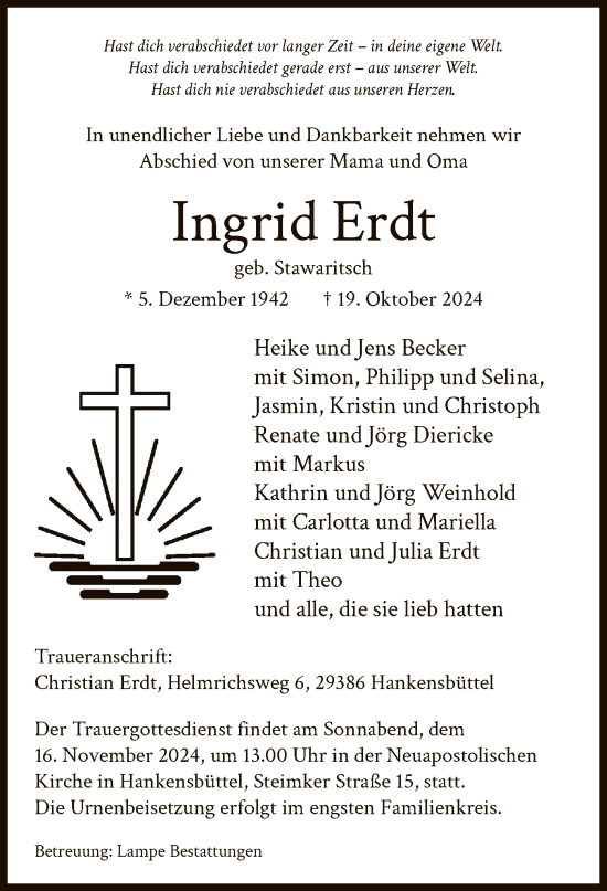 Todesanzeige von Ingrid Erdt von UEL