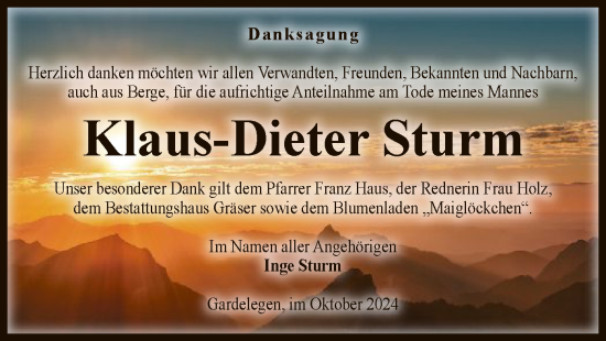 Todesanzeige von Klaus-Dieter Sturm von UEL
