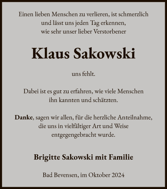Todesanzeige von Klaus Sakowski von UEL