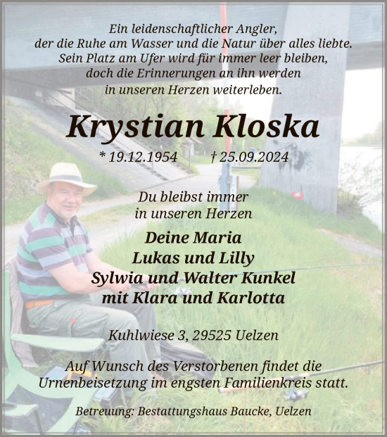 Todesanzeige von Krystian Kloska von UEL