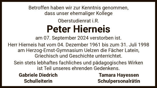 Todesanzeige von Peter Hierneis von UEL
