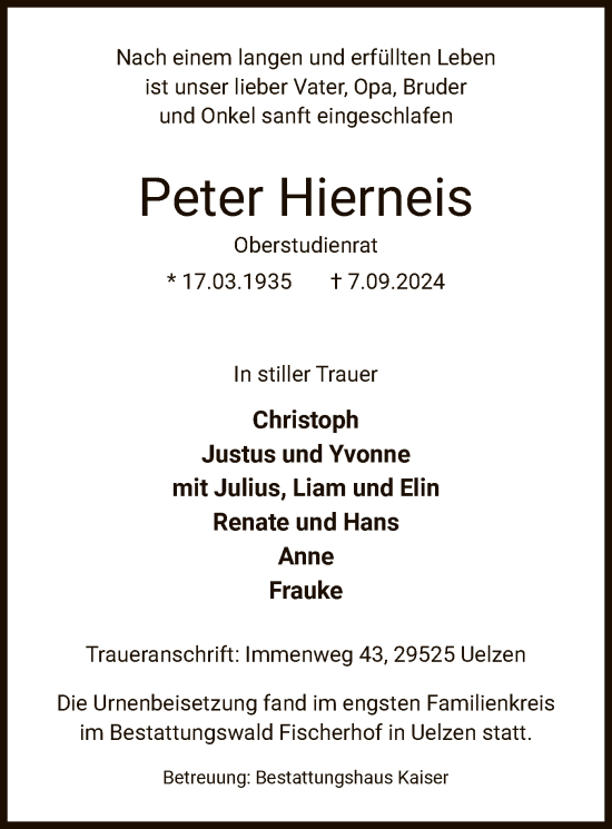 Todesanzeige von Peter Hierneis von UEL