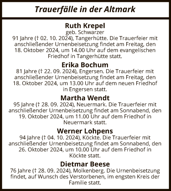Todesanzeige von Sterbetafel vom 10.10.2024 von UEL