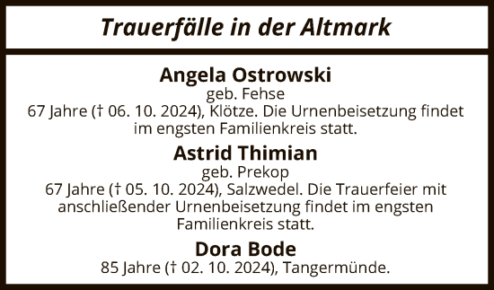 Todesanzeige von Sterbetafel vom 11.10.2024 von UEL