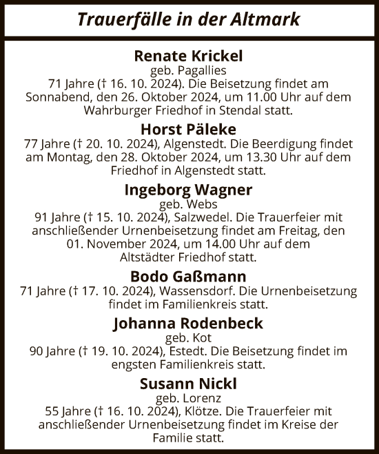 Todesanzeige von Sterbetafel vom 24.10.2024 von UEL