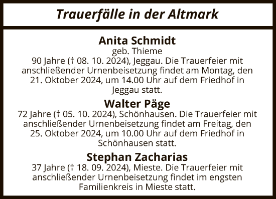 Todesanzeige von Totentafel vom 12.10.2024 von UEL