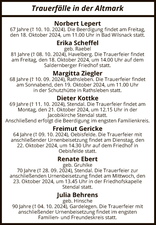 Todesanzeige von Totentafel vom 17.10.2024 von UEL