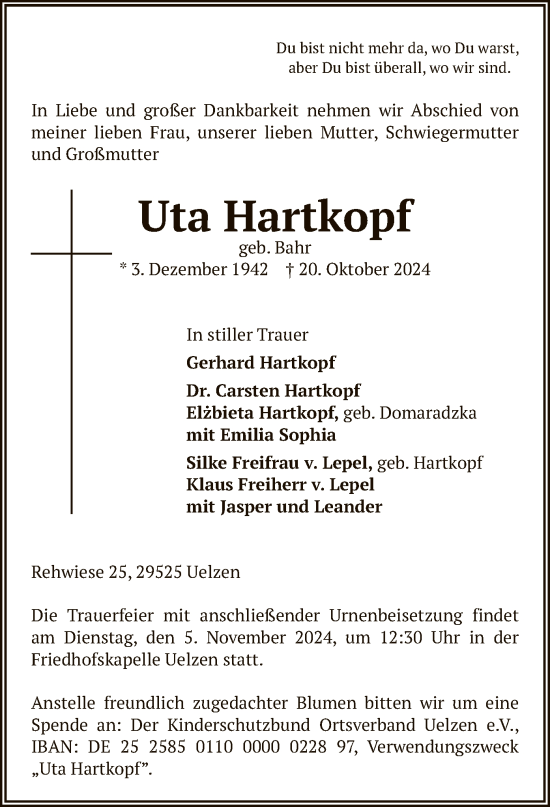 Todesanzeige von Uta Hartkopf von UEL