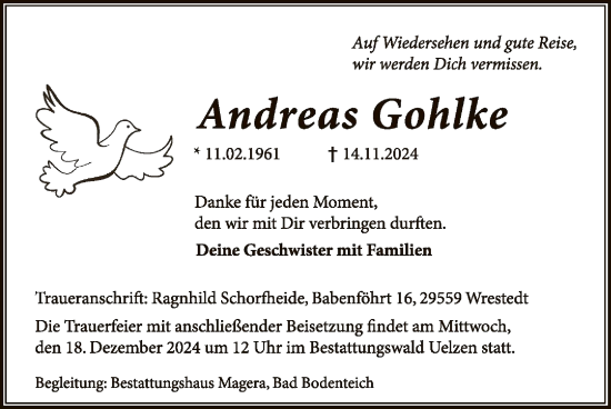 Todesanzeige von Andreas Gohlke von UEL
