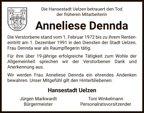 Todesanzeige von Anneliese Dennda von UEL