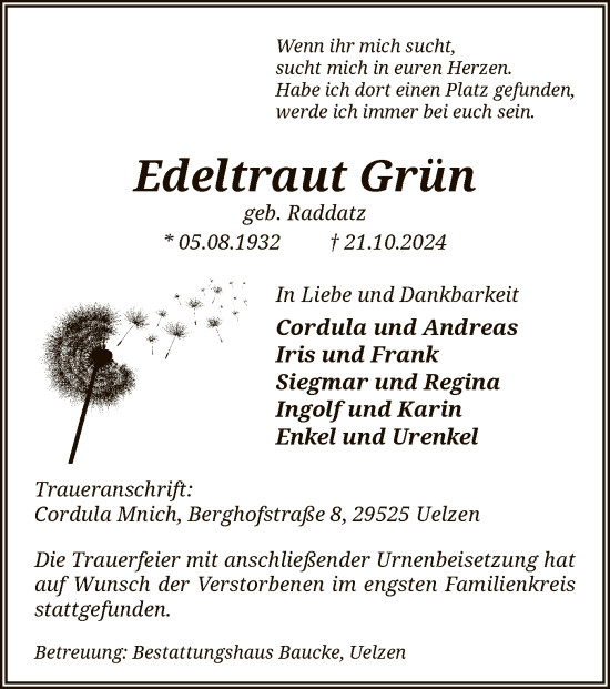 Todesanzeige von Edeltraut Grün von UEL