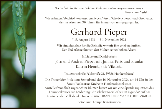 Todesanzeige von Gerhard Pieper von UEL