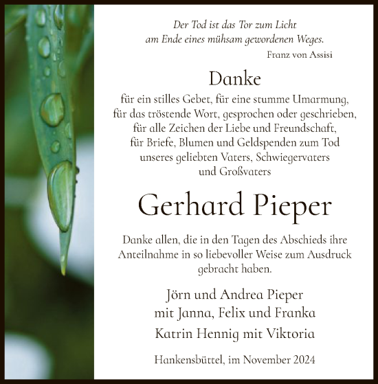 Todesanzeige von Gerhard Pieper von UEL