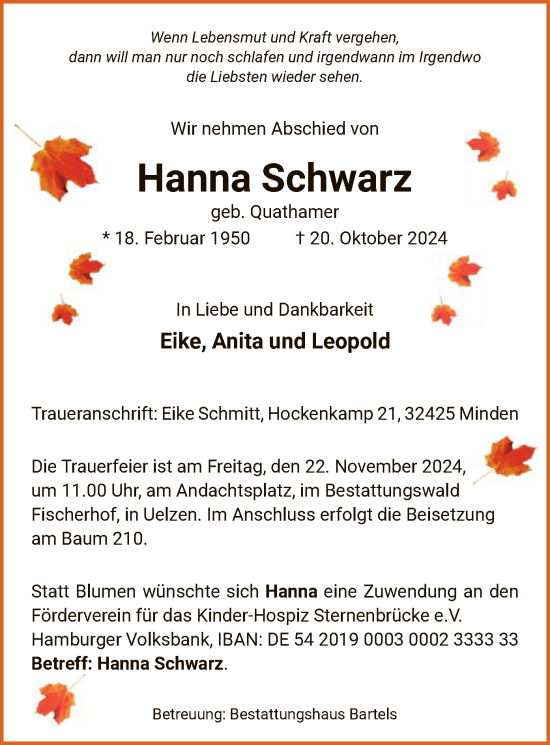 Todesanzeige von Hanna Schwarz von UEL