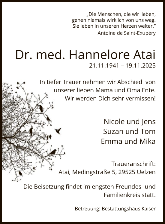 Todesanzeige von Hannelore Atai von UEL