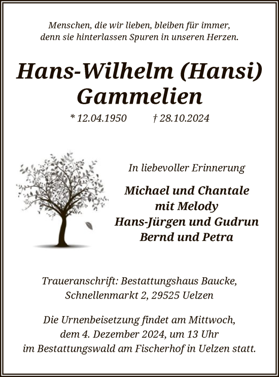 Todesanzeige von Hans-Wilhelm Gammelien von UEL