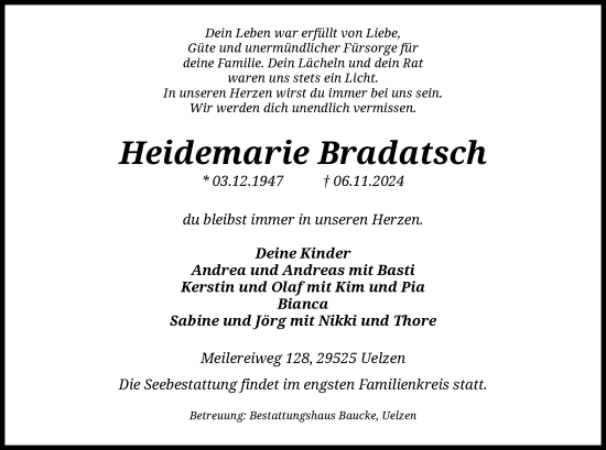 Todesanzeige von Heidemarie Bradatsch von UEL