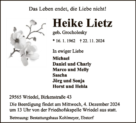 Todesanzeige von Heike Lietz von UEL