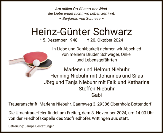 Todesanzeige von Heinz-Günter Schwarz von UEL