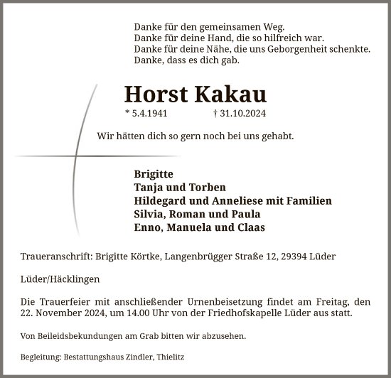 Todesanzeige von Horst Kakau von UEL