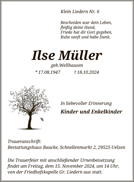 Todesanzeige von Ilse Müller von UEL