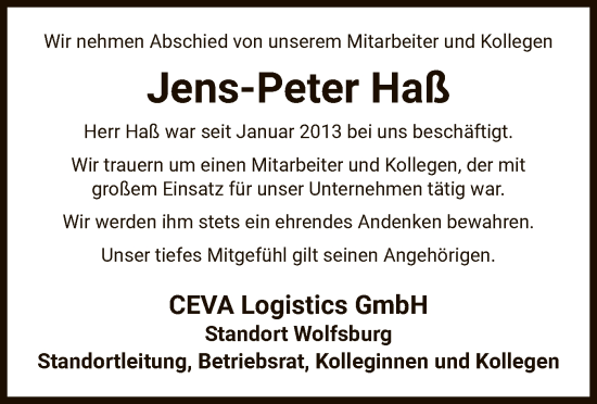 Todesanzeige von Jens-Peter Haß von UEL