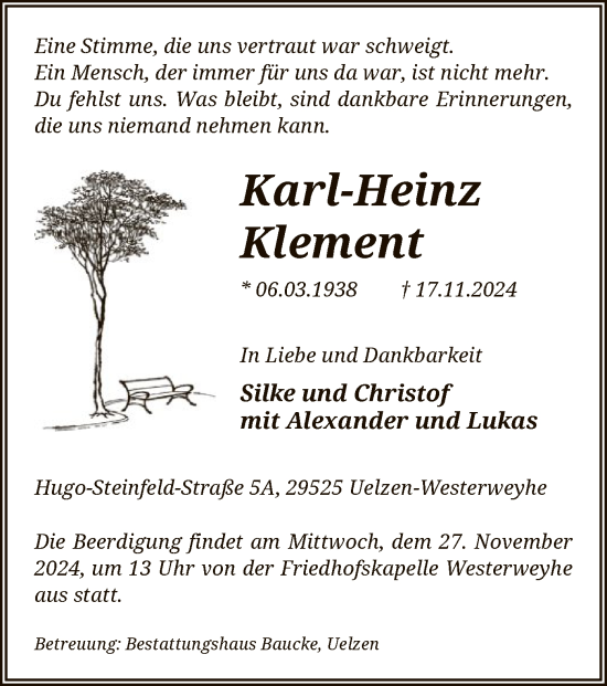 Todesanzeige von Karl-Heinz Klement von UEL