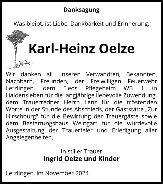 Todesanzeige von Karl-Heinz Oelze von UEL