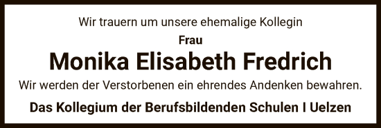 Todesanzeige von Monika Elisabeth Fredrich von UEL