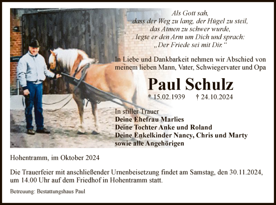 Todesanzeige von Paul Schulz von UEL