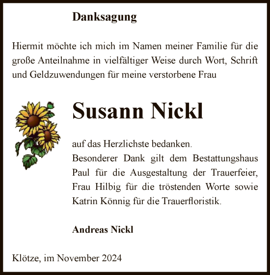 Todesanzeige von Susann Nickl von UEL
