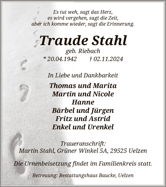Todesanzeige von Traude Stahl von UEL