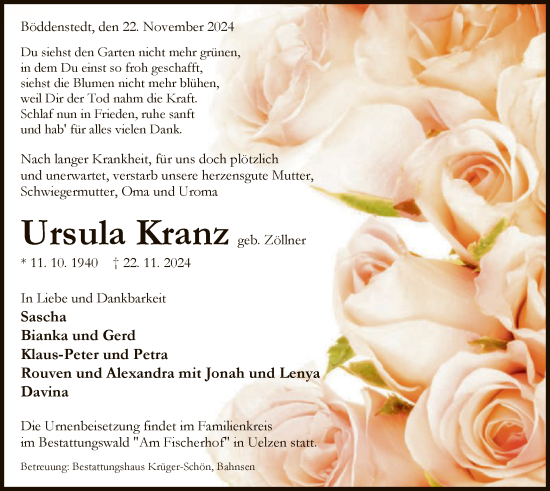 Todesanzeige von Ursula Kranz von UEL