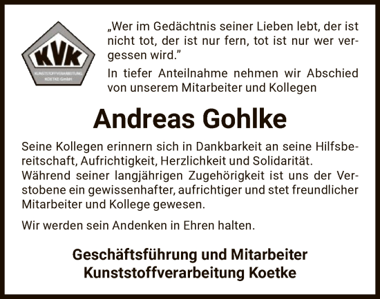 Todesanzeige von Andreas Gohlke von UEL