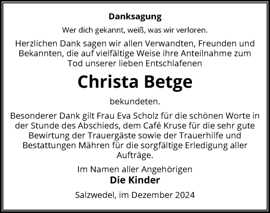 Todesanzeige von Christa Betge von UEL
