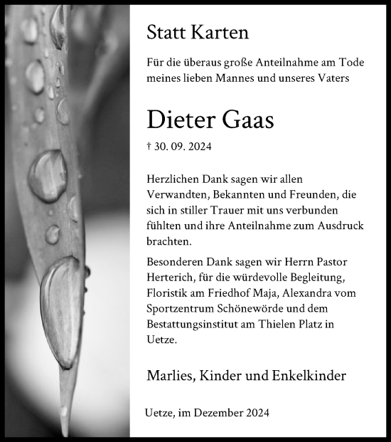 Todesanzeige von Dieter Gaas von UEL