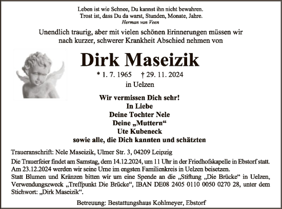 Todesanzeige von Dirk Maseizik von UEL